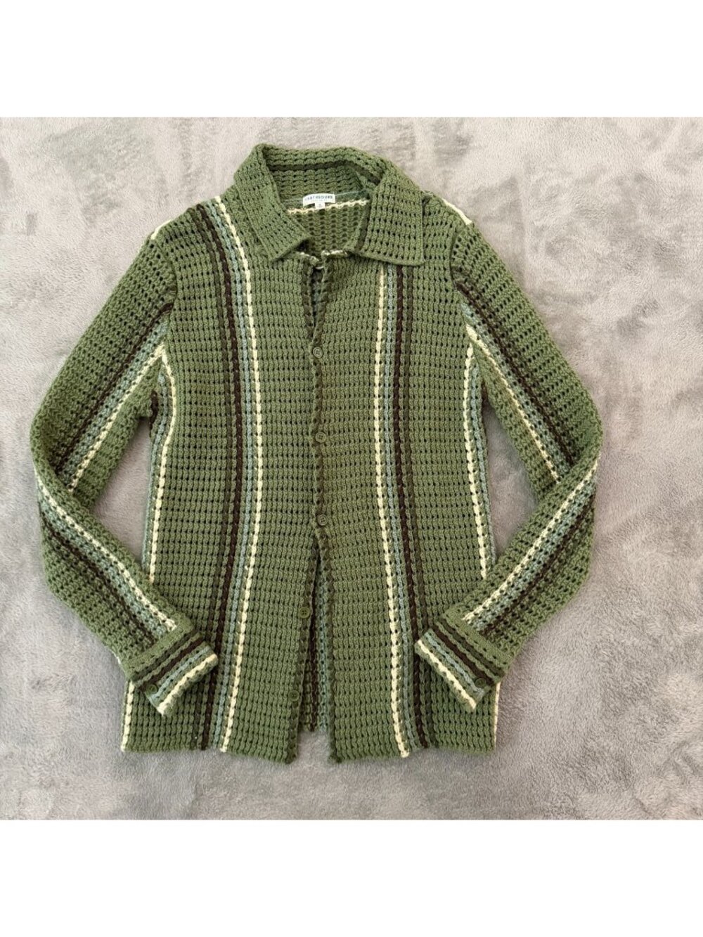 Earthbound Green Crochet Knit Sweater Cardigan Women's SMALL Grannycore Retro